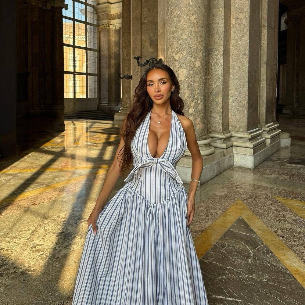 Mackenna Navy Stripe Halter Smock
Back Maxi Dress